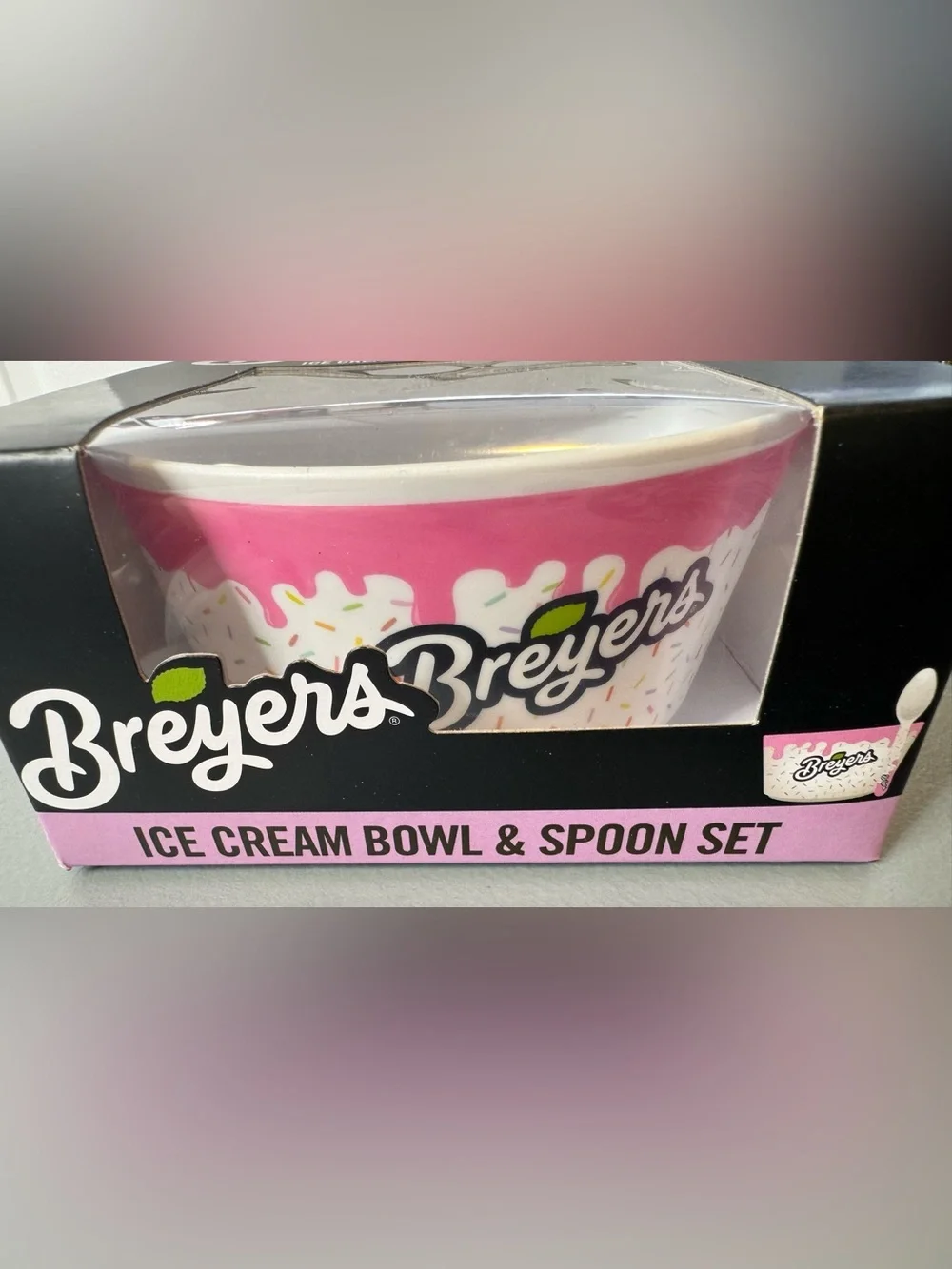 Breyers White Ice Cream themed Bowl & Pink Accent Spoon Set gift set novelty